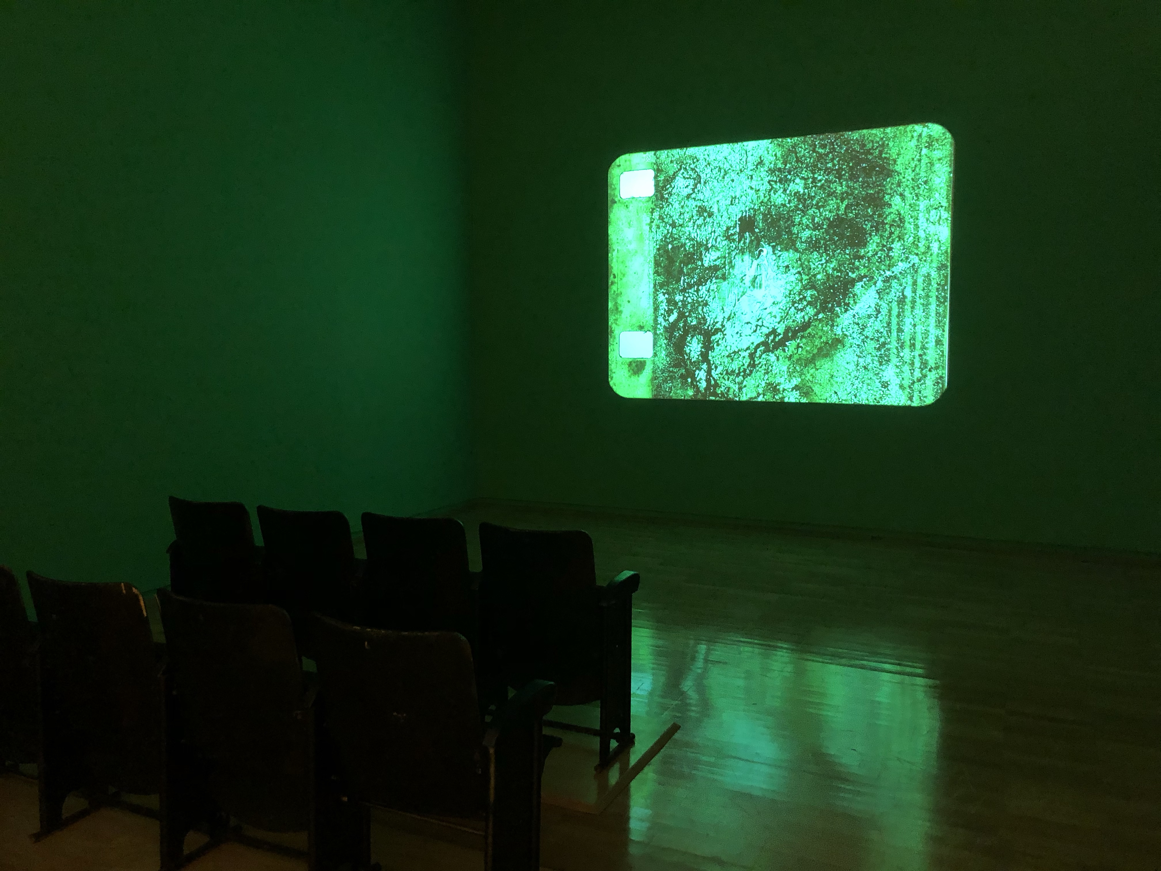 two rows of 4 seats on left face green tinged projected image on wall of green tinged room