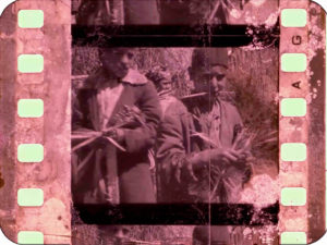 Two small boys wearing fez hats on aged frame of cinematic film